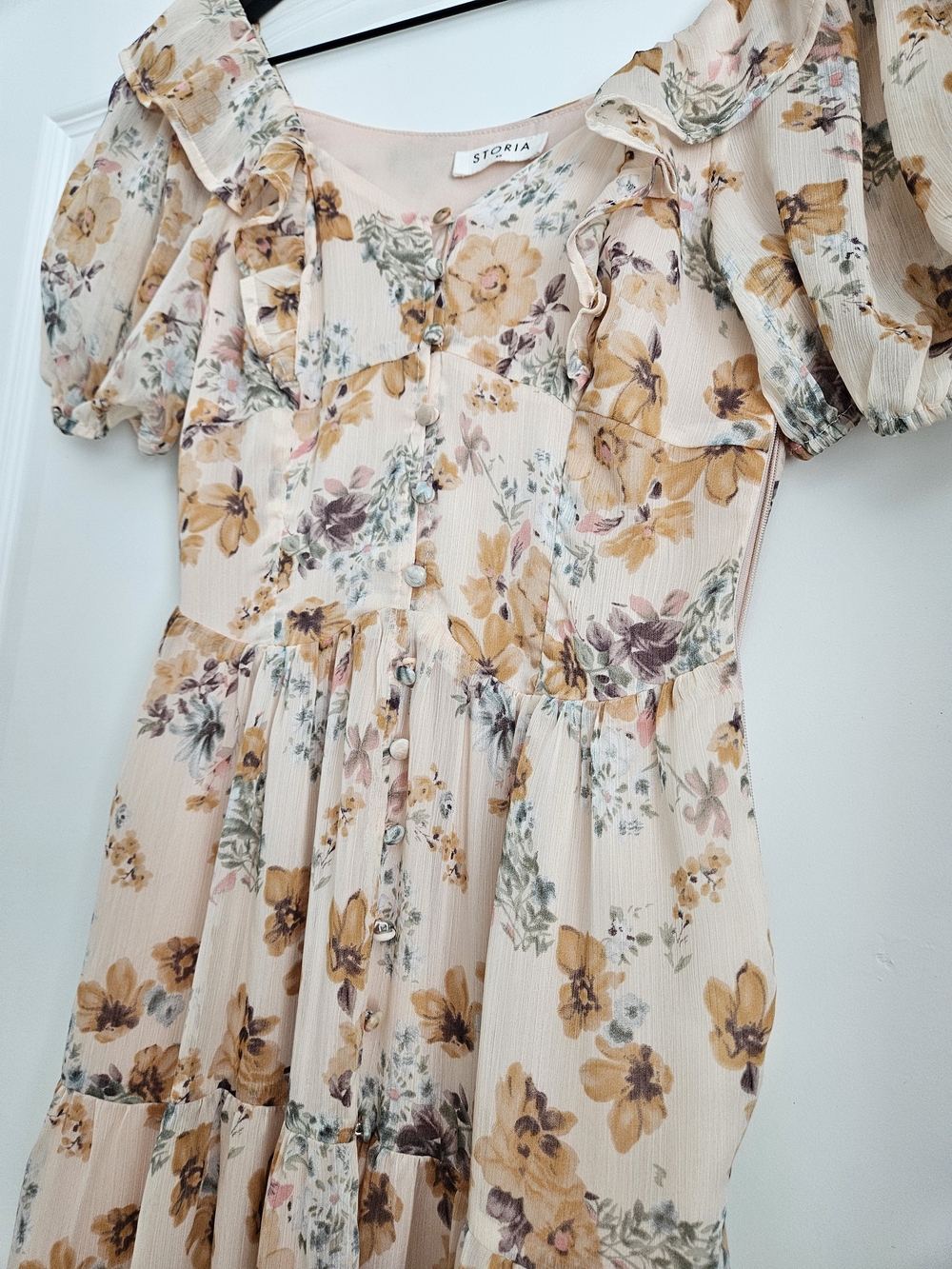 Storia Girls' Cream Floral Ruffle Dress